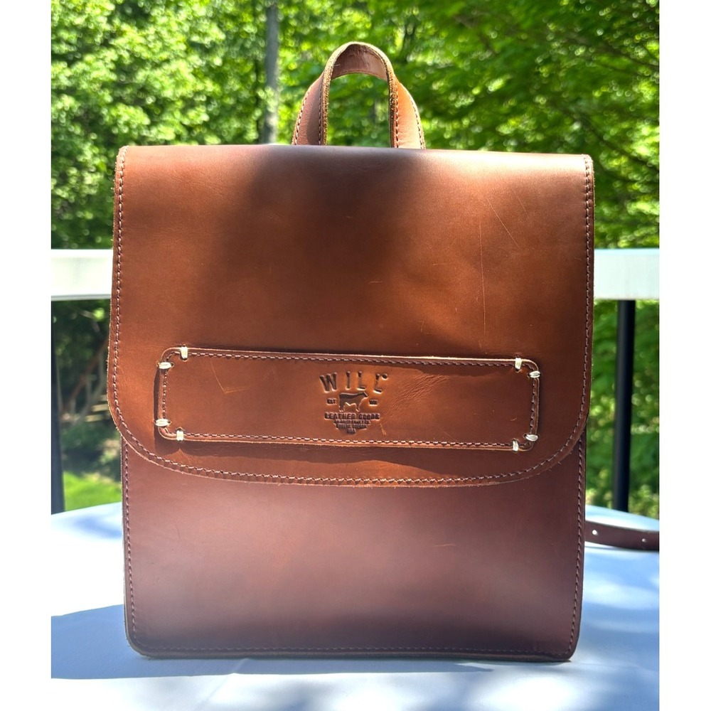 WILL Full Grain Leather Simple Backpack Purse Tan Unlined Magnetic Closure EUC